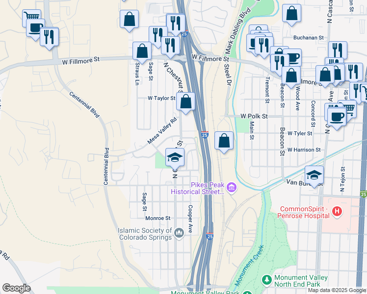 map of restaurants, bars, coffee shops, grocery stores, and more near 2725 Green Ridge Drive in Colorado Springs