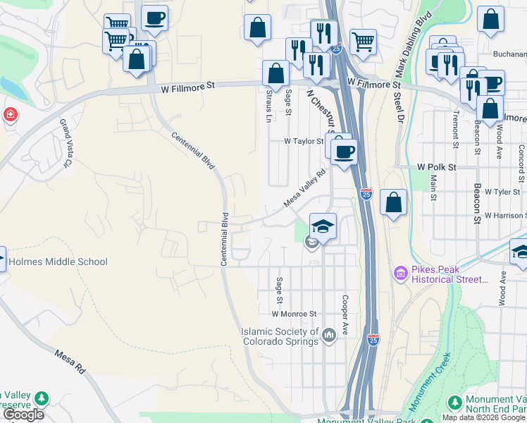 map of restaurants, bars, coffee shops, grocery stores, and more near 2707 Sage Street in Colorado Springs