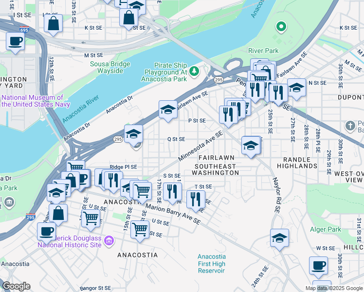 map of restaurants, bars, coffee shops, grocery stores, and more near 1612 18th Street Southeast in Washington