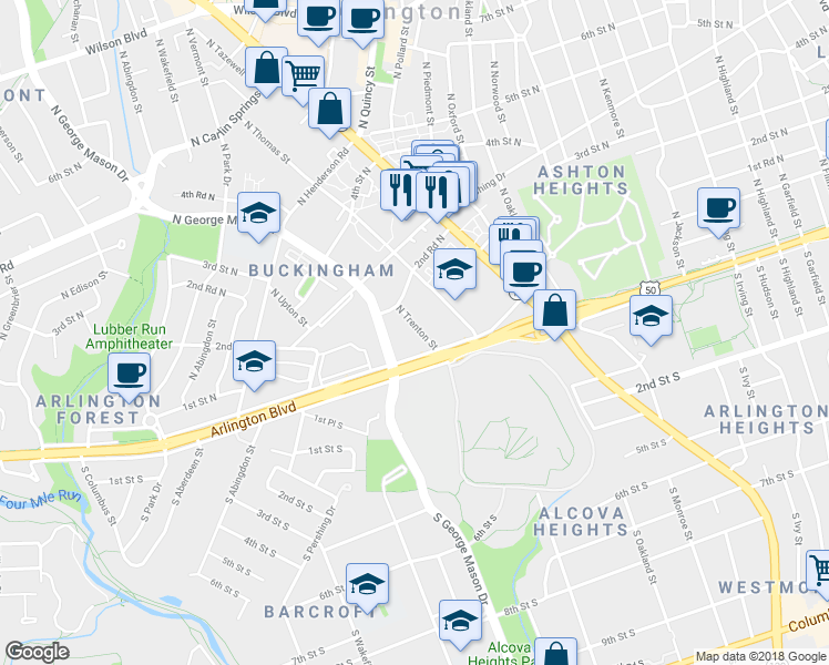 map of restaurants, bars, coffee shops, grocery stores, and more near 104 North Trenton Street in Arlington