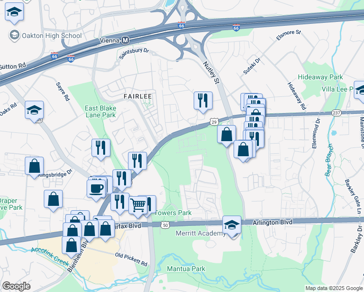 map of restaurants, bars, coffee shops, grocery stores, and more near 3100 Sassafras Court in Fairfax