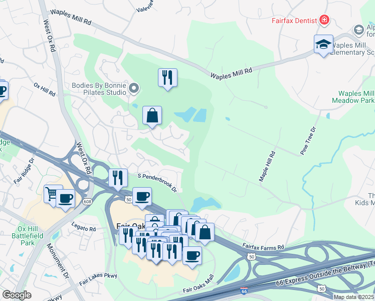 map of restaurants, bars, coffee shops, grocery stores, and more near 11902 Parkside Drive in Fairfax