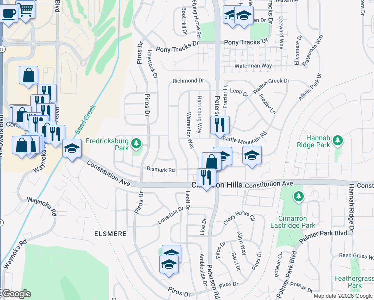 map of restaurants, bars, coffee shops, grocery stores, and more near 2665 Leoti Drive in Colorado Springs