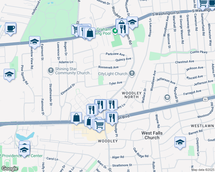 map of restaurants, bars, coffee shops, grocery stores, and more near 7213 Tyler Avenue in Falls Church