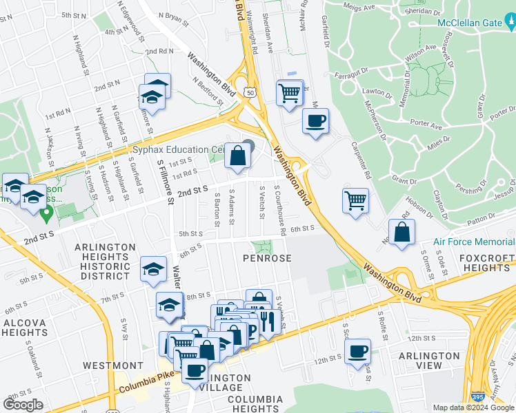 map of restaurants, bars, coffee shops, grocery stores, and more near 322 South Veitch Street in Arlington