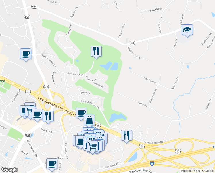 map of restaurants, bars, coffee shops, grocery stores, and more near 11902 Parkside Drive in Fairfax