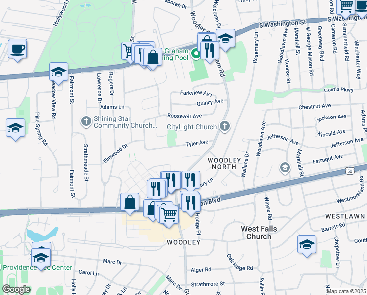 map of restaurants, bars, coffee shops, grocery stores, and more near 7213 Tyler Avenue in Falls Church