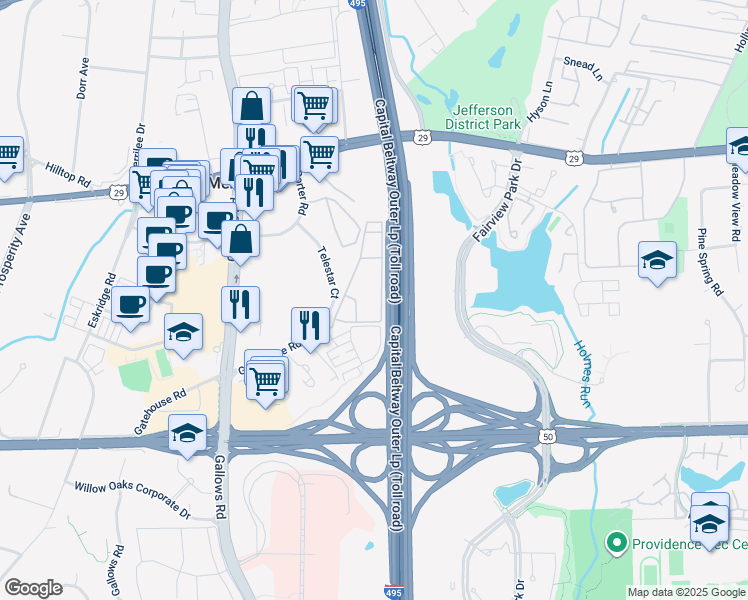 map of restaurants, bars, coffee shops, grocery stores, and more near 2904 Kings Chapel Road in Falls Church