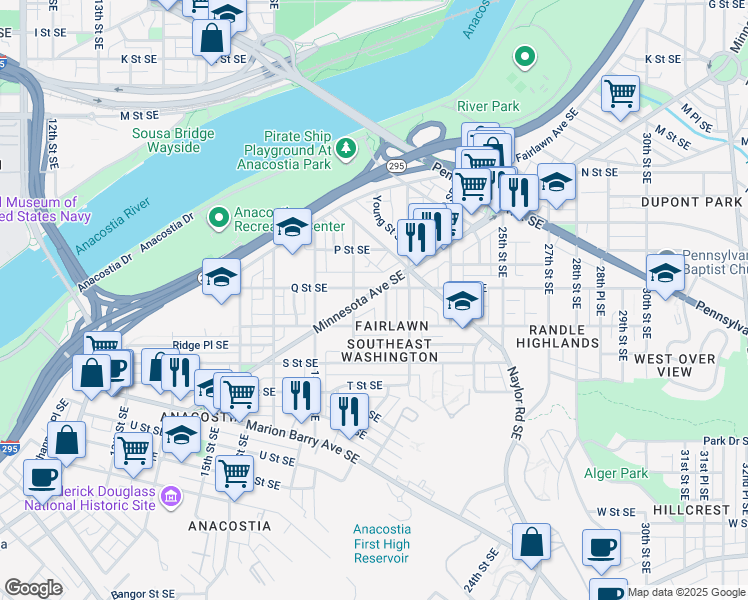 map of restaurants, bars, coffee shops, grocery stores, and more near 1917 Minnesota Avenue Southeast in Washington