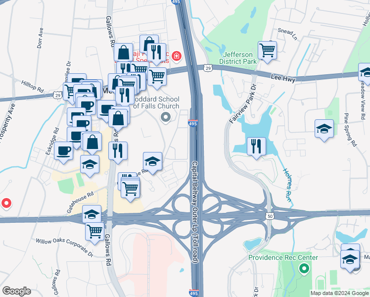 map of restaurants, bars, coffee shops, grocery stores, and more near 2904 Kings Chapel Road in Falls Church