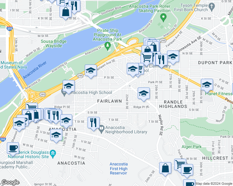map of restaurants, bars, coffee shops, grocery stores, and more near 1917 Minnesota Avenue Southeast in Washington