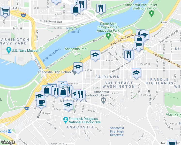 map of restaurants, bars, coffee shops, grocery stores, and more near 1613 17th St SE in Washington