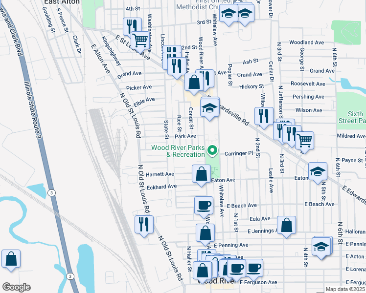 map of restaurants, bars, coffee shops, grocery stores, and more near 753 Rice Street in Wood River