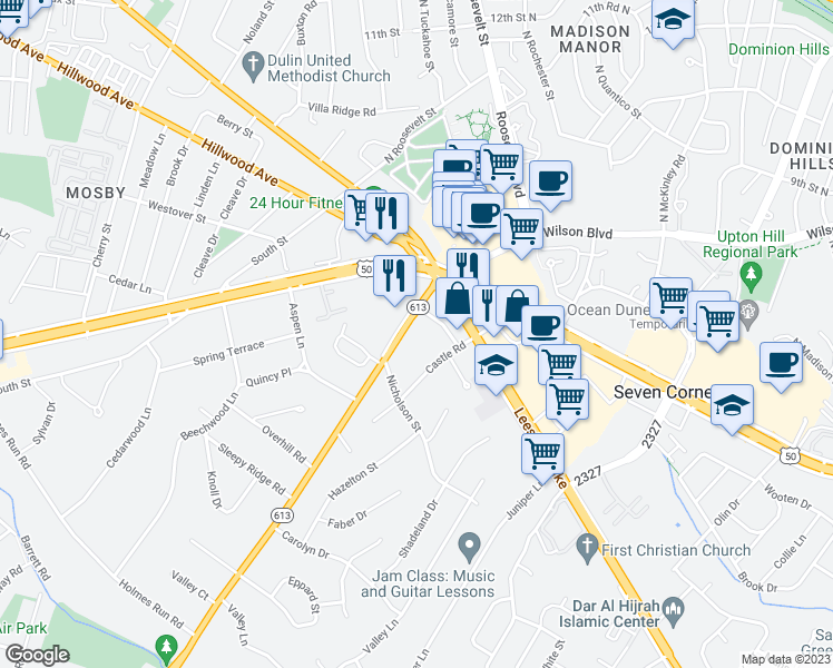 map of restaurants, bars, coffee shops, grocery stores, and more near 2949 Sleepy Hollow Road in Falls Church