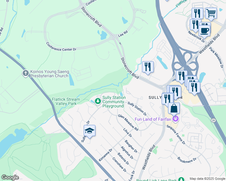 map of restaurants, bars, coffee shops, grocery stores, and more near 5172 Glen Meadow Drive in Centreville