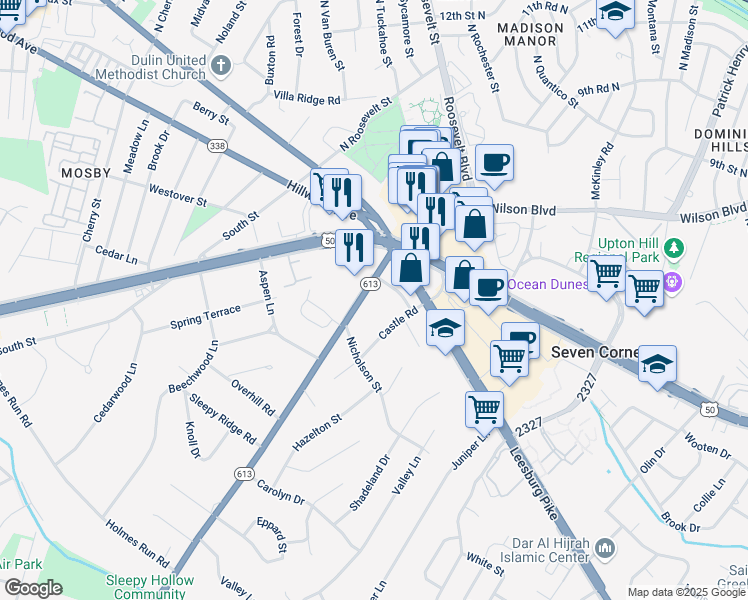 map of restaurants, bars, coffee shops, grocery stores, and more near 2949 Sleepy Hollow Road in Falls Church