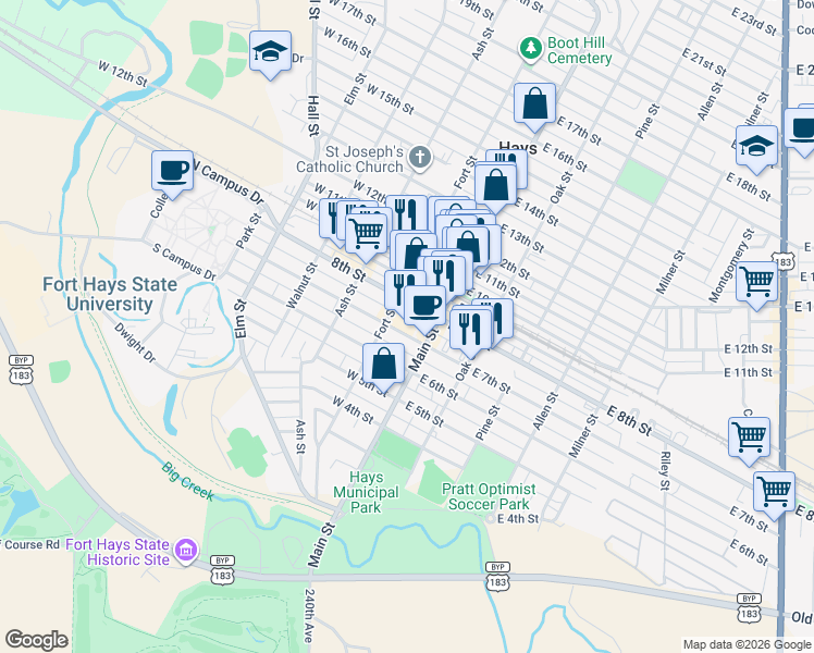 map of restaurants, bars, coffee shops, grocery stores, and more near 111 West 7th Street in Hays