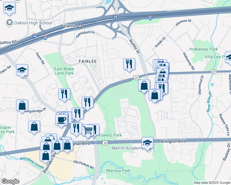 map of restaurants, bars, coffee shops, grocery stores, and more near 3098 Sassafras Court in Fairfax