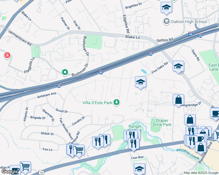 map of restaurants, bars, coffee shops, grocery stores, and more near 9921 Barnsbury Court in Fairfax