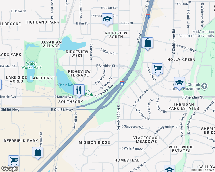 map of restaurants, bars, coffee shops, grocery stores, and more near 832 South Hunter Drive in Olathe