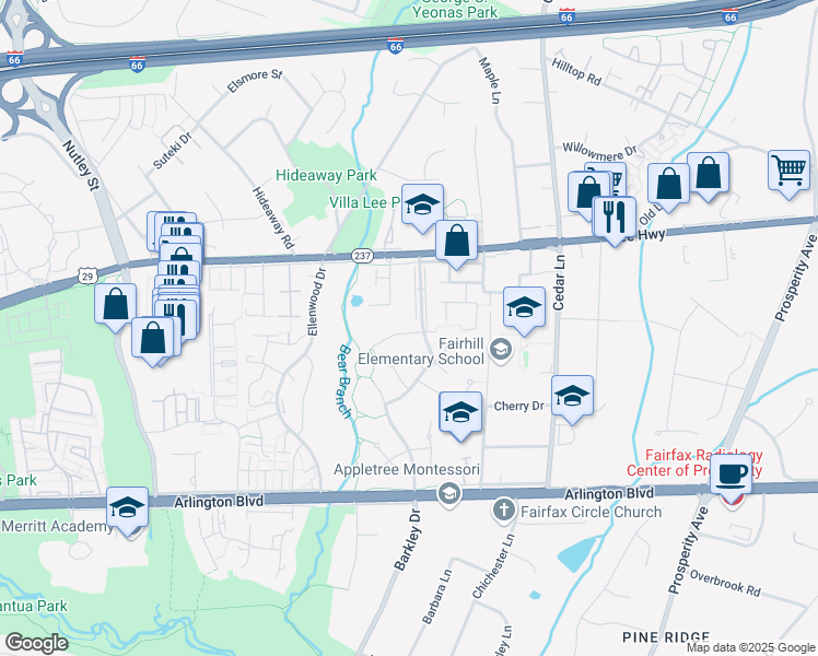map of restaurants, bars, coffee shops, grocery stores, and more near 8908 Royal Astor Way in Fairfax