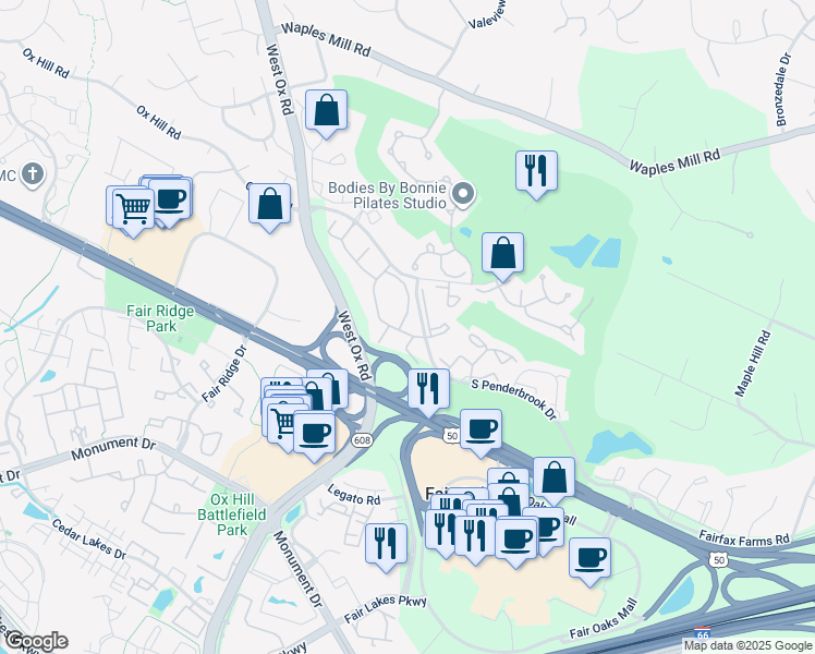 map of restaurants, bars, coffee shops, grocery stores, and more near 12151 Penderview Lane in Fairfax