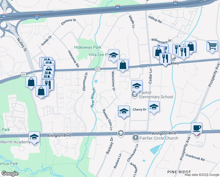 map of restaurants, bars, coffee shops, grocery stores, and more near 8908 Royal Astor Way in Fairfax