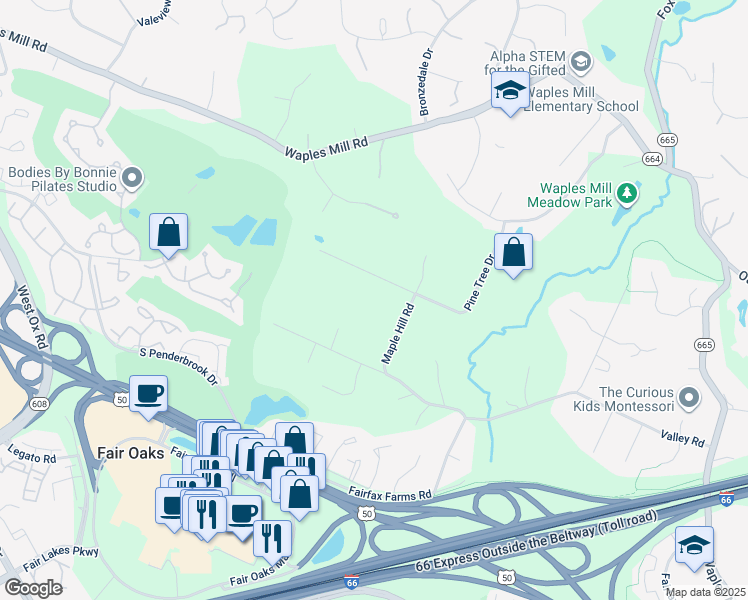 map of restaurants, bars, coffee shops, grocery stores, and more near 11709 Pine Tree Drive in Fairfax