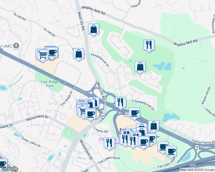 map of restaurants, bars, coffee shops, grocery stores, and more near 3916 Penderview Drive in Fairfax