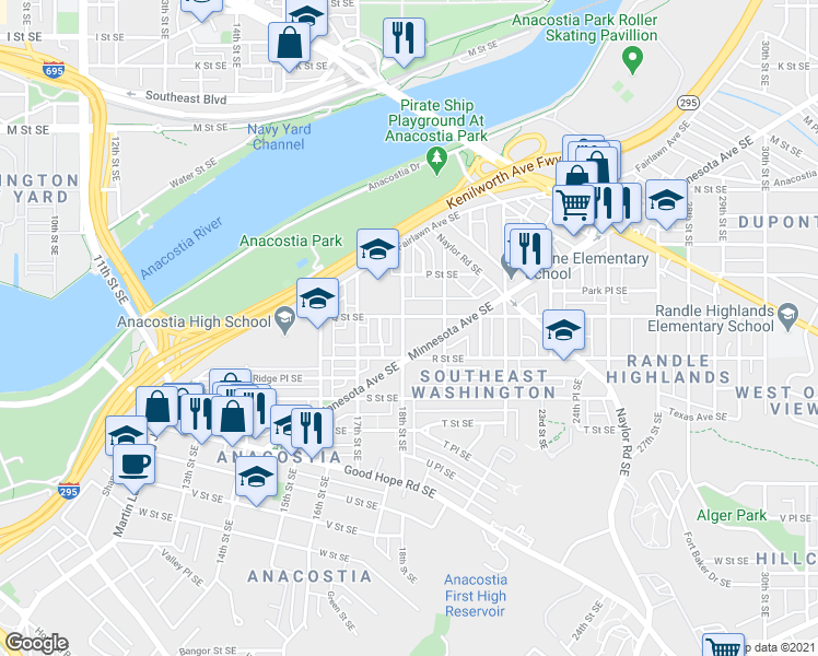 map of restaurants, bars, coffee shops, grocery stores, and more near 1608 18th Street Southeast in Washington