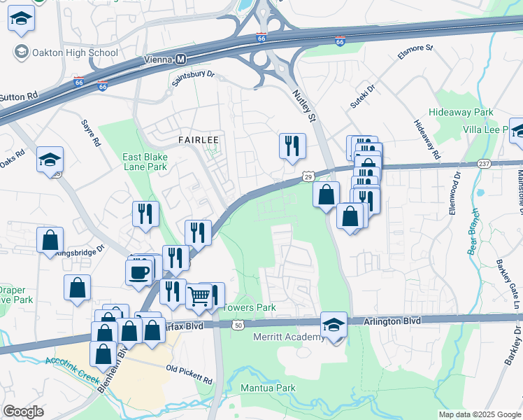 map of restaurants, bars, coffee shops, grocery stores, and more near 3098 Sassafras Court in Fairfax