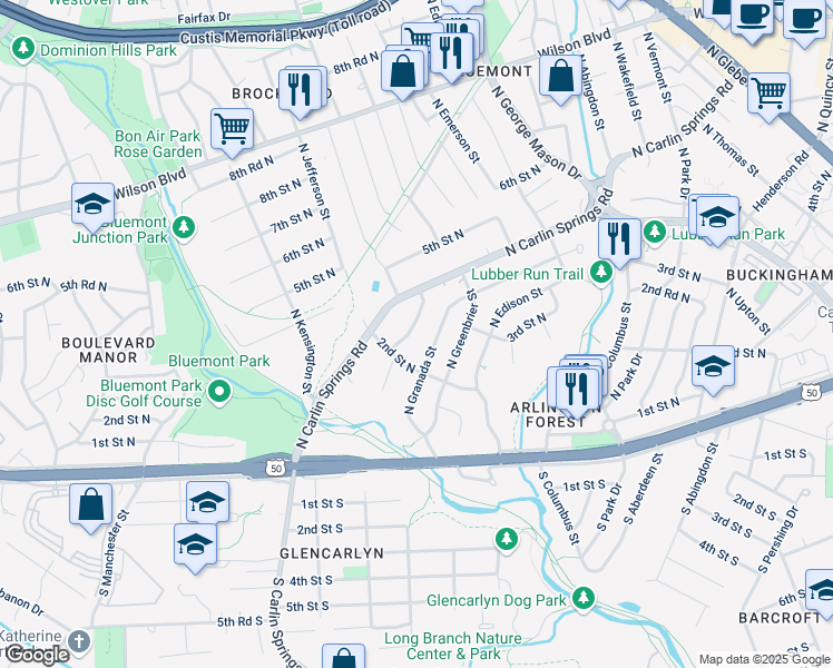 map of restaurants, bars, coffee shops, grocery stores, and more near 221 North Galveston Street in Arlington