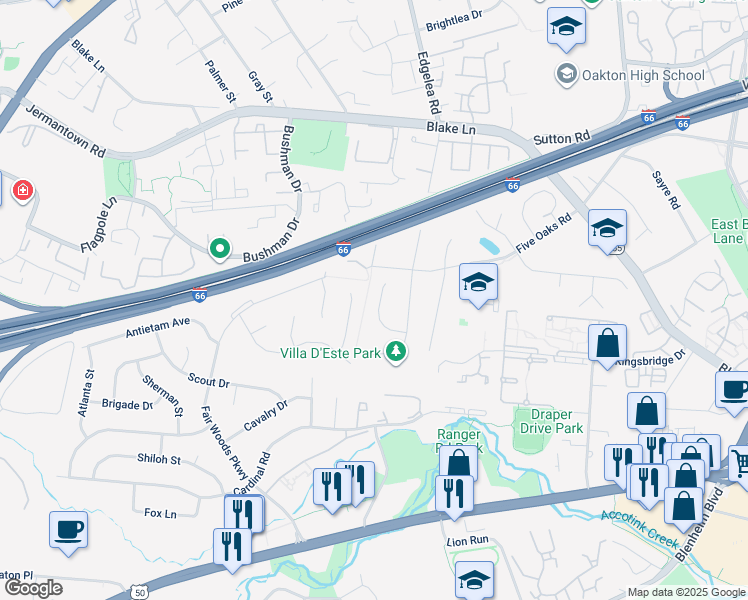map of restaurants, bars, coffee shops, grocery stores, and more near 9921 Barnsbury Court in Fairfax