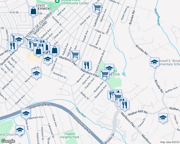 map of restaurants, bars, coffee shops, grocery stores, and more near in Coral Hills