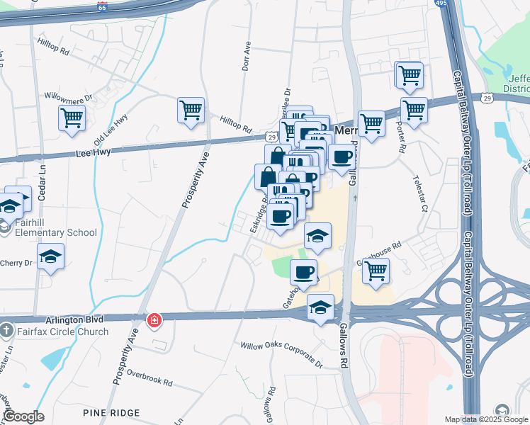 map of restaurants, bars, coffee shops, grocery stores, and more near 2965 Eskridge Road in Fairfax