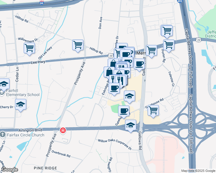 map of restaurants, bars, coffee shops, grocery stores, and more near 2965 Eskridge Road in Fairfax