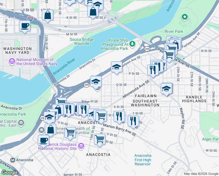 map of restaurants, bars, coffee shops, grocery stores, and more near 101 Independence Avenue Southeast in Washington