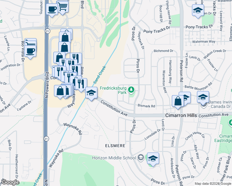 map of restaurants, bars, coffee shops, grocery stores, and more near 6438 Chantilly Place in Colorado Springs