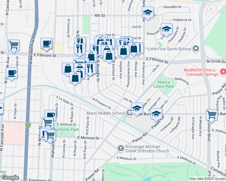 map of restaurants, bars, coffee shops, grocery stores, and more near 2834 North Institute Street in Colorado Springs