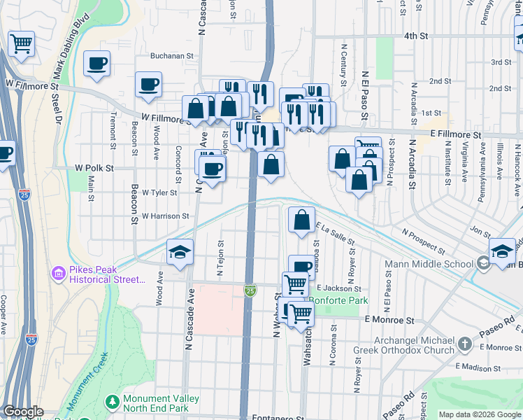 map of restaurants, bars, coffee shops, grocery stores, and more near 225 East Polk Street in Colorado Springs