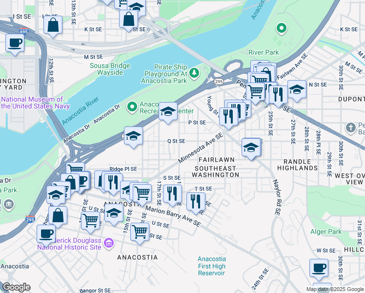 map of restaurants, bars, coffee shops, grocery stores, and more near 1608 18th Street Southeast in Washington