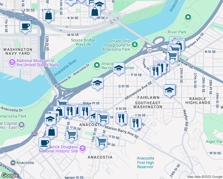 map of restaurants, bars, coffee shops, grocery stores, and more near 1609 17th Street Southeast in Washington