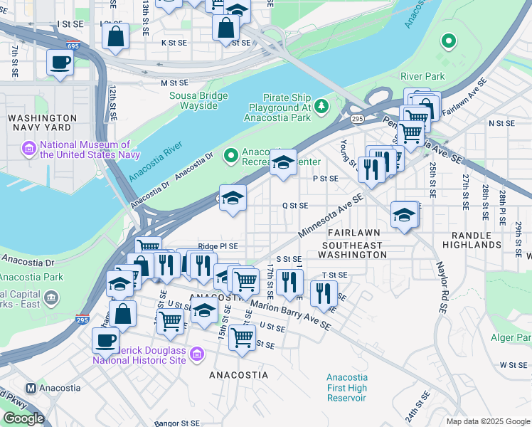 map of restaurants, bars, coffee shops, grocery stores, and more near 1609 17th Street Southeast in Washington