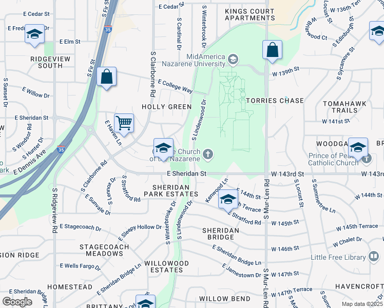 map of restaurants, bars, coffee shops, grocery stores, and more near 817 South Medford Circle in Olathe