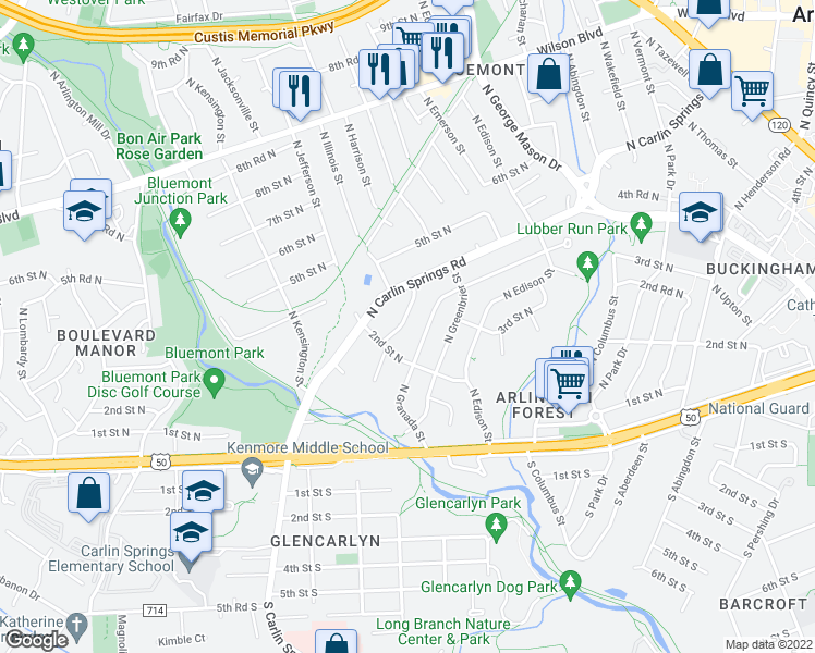 map of restaurants, bars, coffee shops, grocery stores, and more near 221 North Galveston Street in Arlington