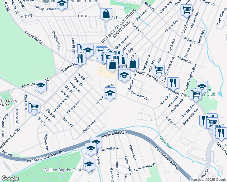 map of restaurants, bars, coffee shops, grocery stores, and more near 1601 Nova Avenue in Capitol Heights