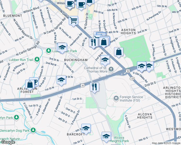 map of restaurants, bars, coffee shops, grocery stores, and more near 203 North George Mason Drive in Arlington