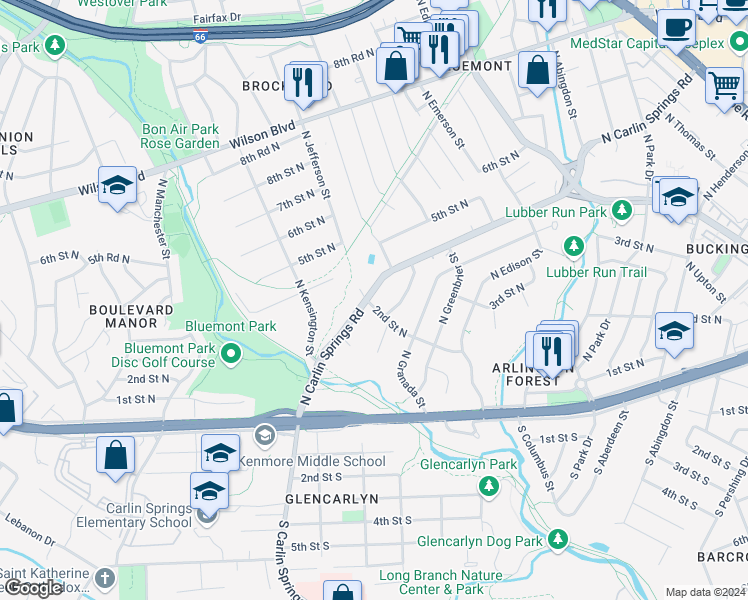 map of restaurants, bars, coffee shops, grocery stores, and more near 5420 North Carlin Springs Road in Arlington