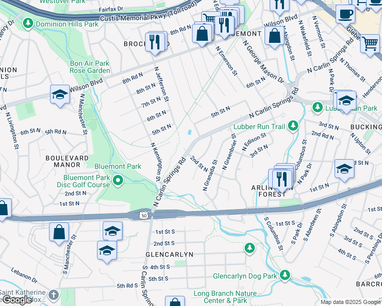 map of restaurants, bars, coffee shops, grocery stores, and more near 5420 North Carlin Springs Road in Arlington