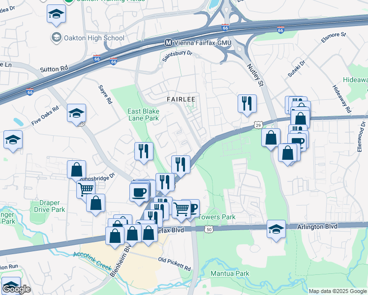 map of restaurants, bars, coffee shops, grocery stores, and more near 3028 White Birch Court in Fairfax